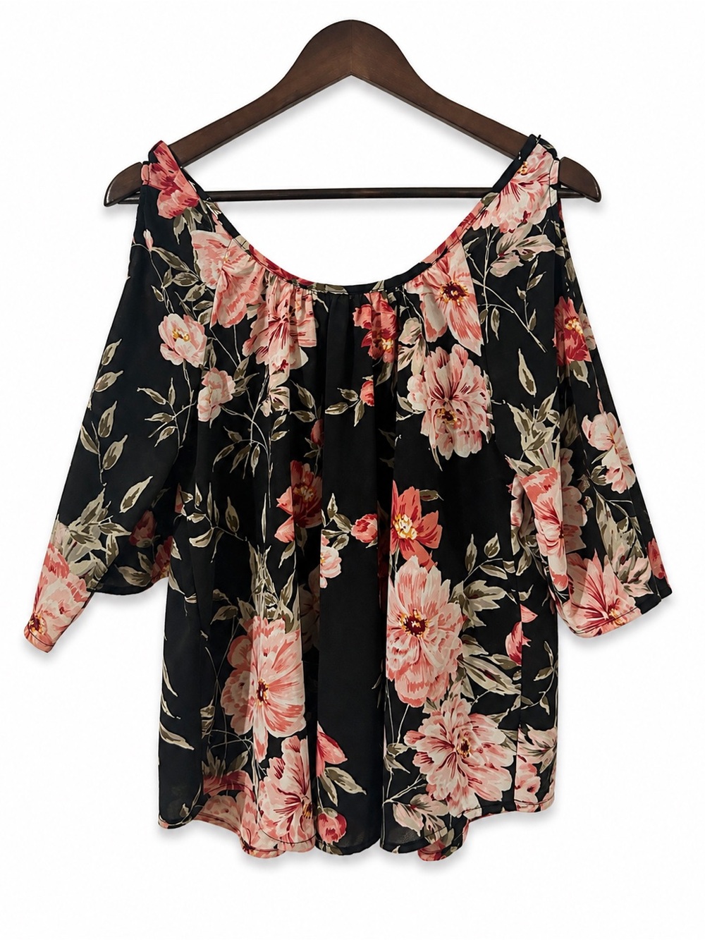 Charlotte Russe Black Floral Off-Shoulder Tunic with Pink Blooms